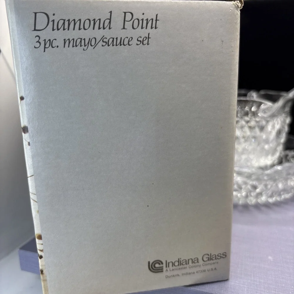 VINTAGE INDIANA GLASS‎ DIAMOND POINT 3 PC MAYO SAUCE SET IN THE BOX